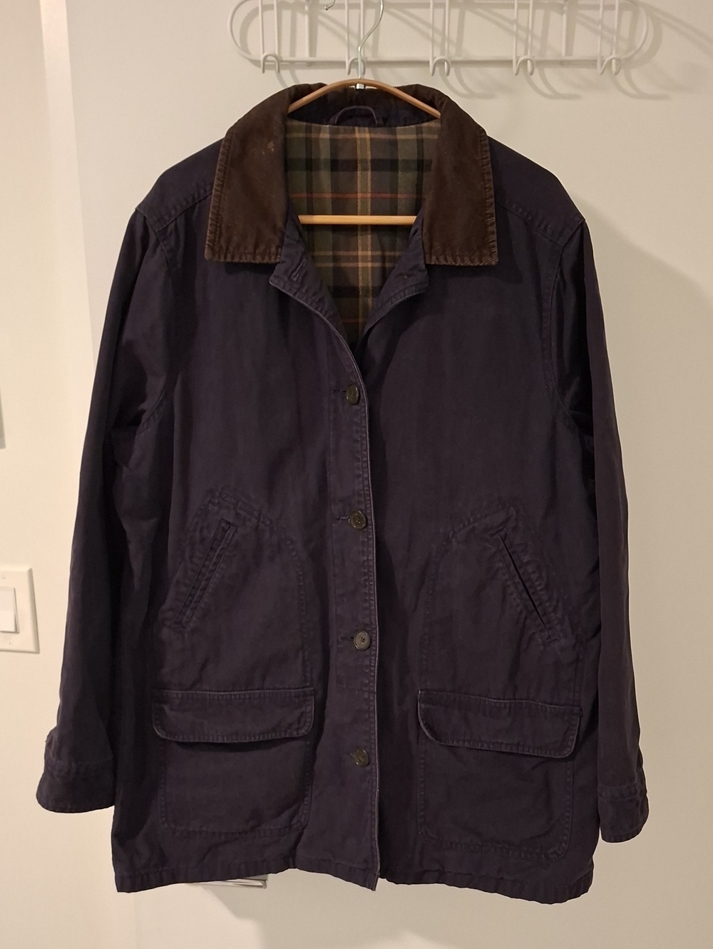 Classic Navy Canvas 100% Cotton Barn Coat w/ Brown Corduroy Collar (Size M)
